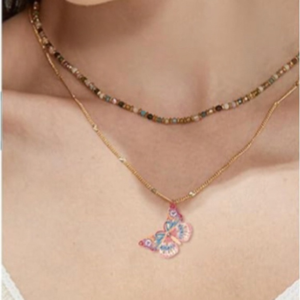 Butterfly Pendant Necklace Red Pink 18 Inches - Picture 15 of 17